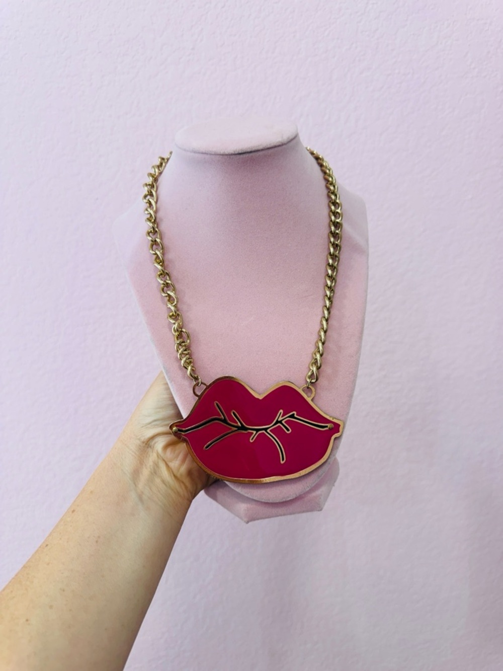 Betsey Johnson Gold-Tone Chain Necklace with Hot Pink Lip Pendant - Picture 3 of 3